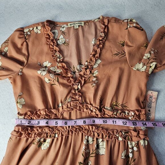 INSPIRED HEARTS NWT Sz L Terra Cotta Vneck Dress Puff Sleeve Tiered Ruffle Trim - Picture 5 of 6